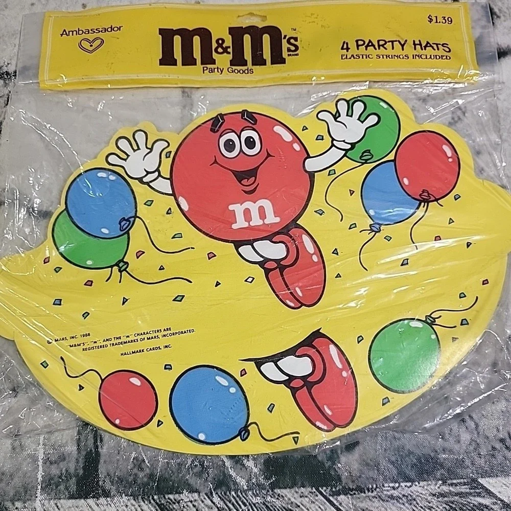 Vintage 80s M&Ms Party Hats Hallmark Ambassador Mars Candy Sealed 4pack NOS
